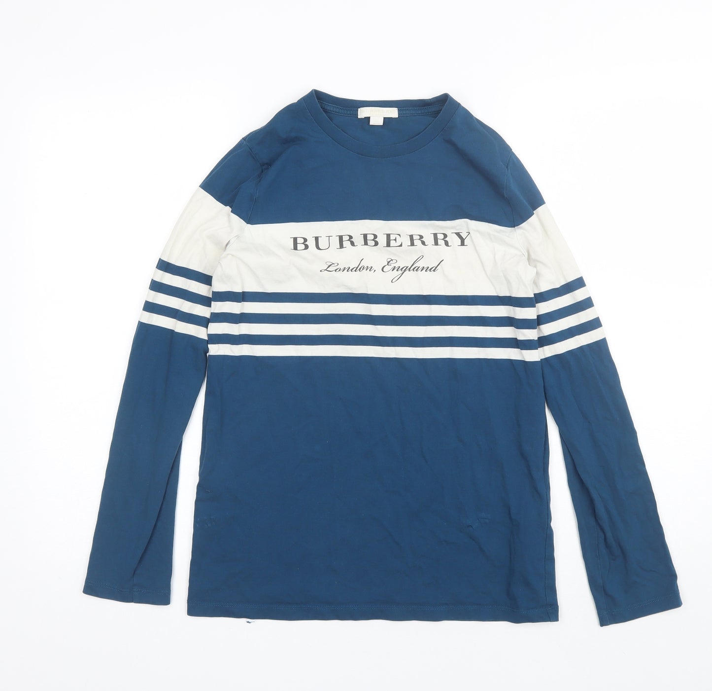 Burberry Girls Blue Striped Cotton Basic T-Shirt Size 14 Years Round Neck
