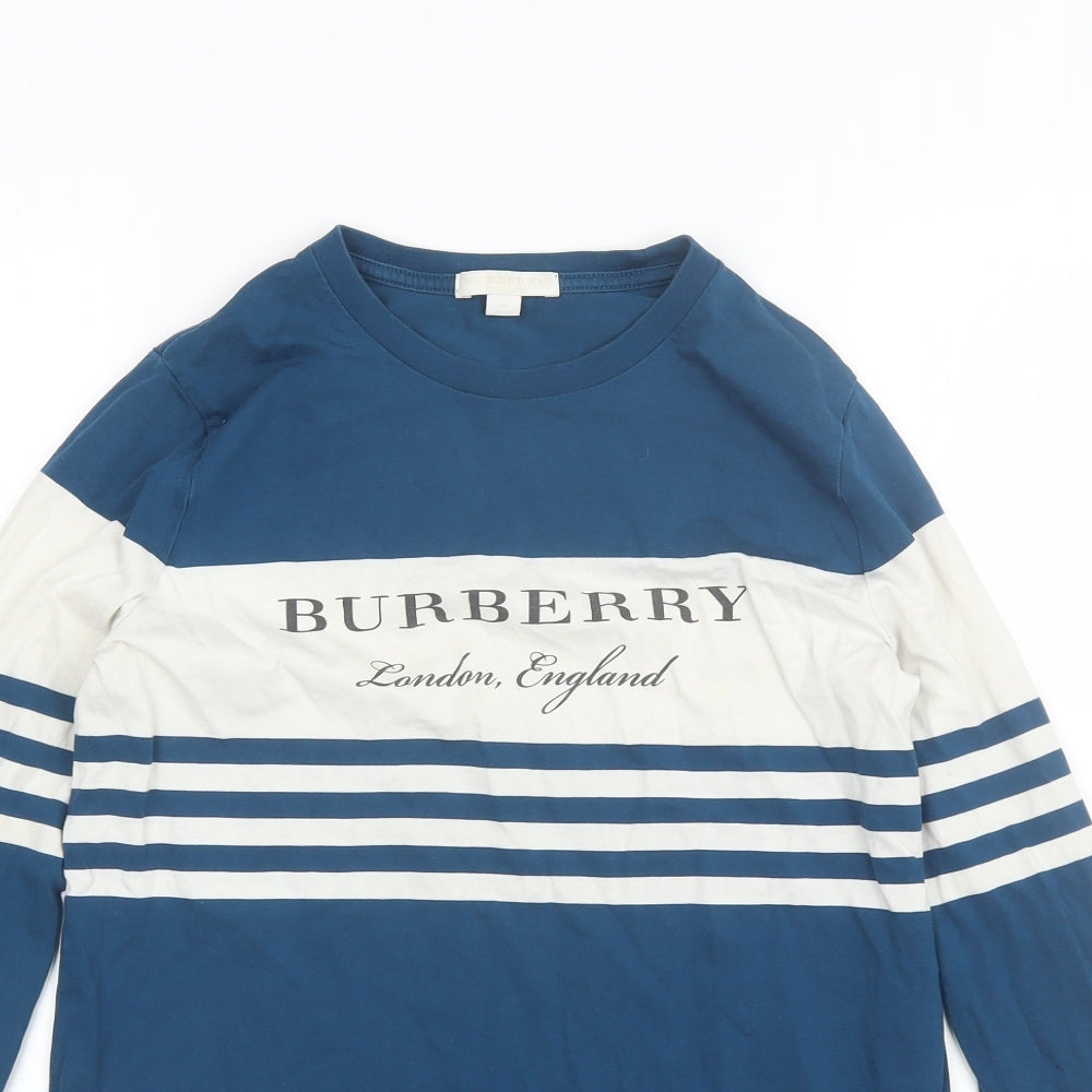 Burberry Girls Blue Striped Cotton Basic T-Shirt Size 14 Years Round Neck