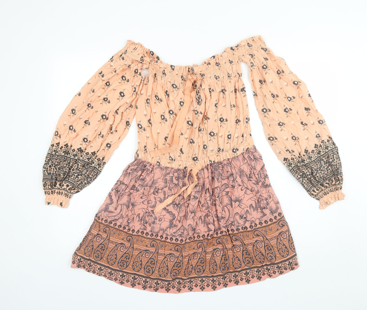 Spell Womens Orange Floral Rayon Shift  Size S  Off the Shoulder