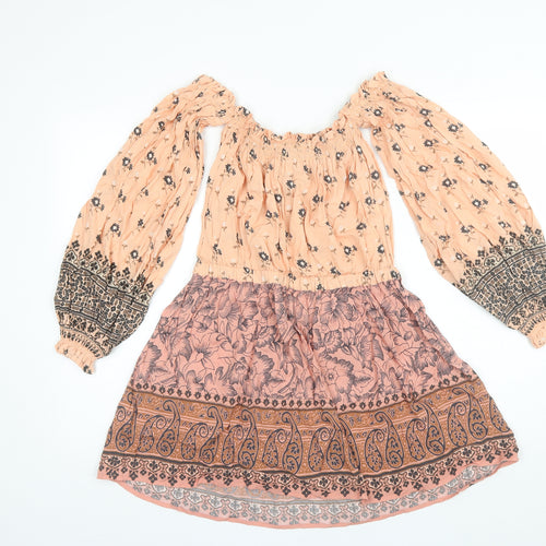 Spell Womens Orange Floral Rayon Shift  Size S  Off the Shoulder