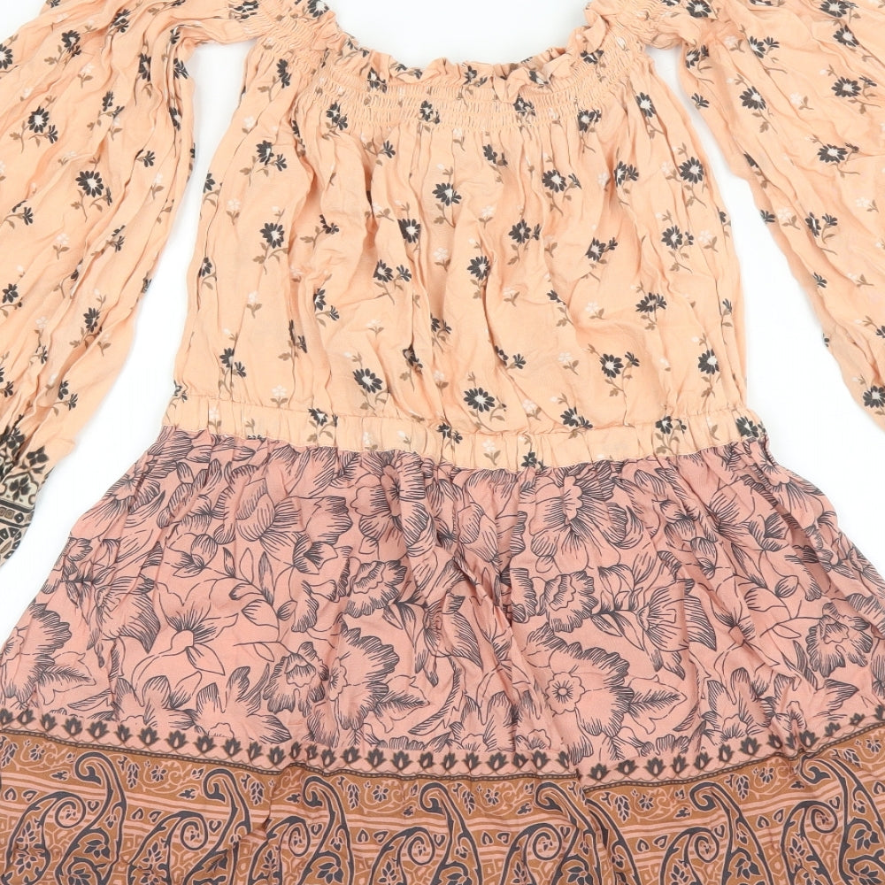 Spell Womens Orange Floral Rayon Shift  Size S  Off the Shoulder