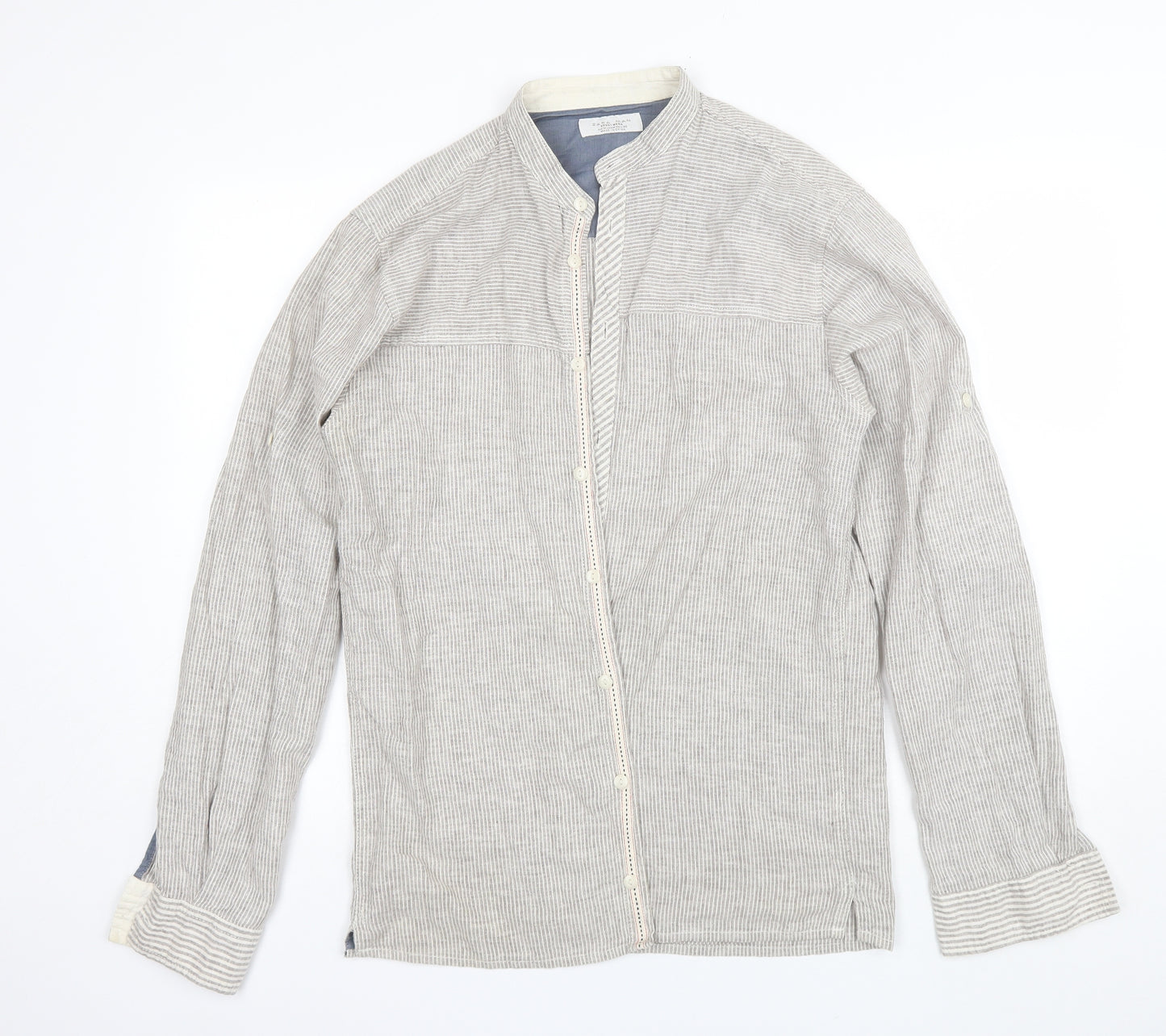 Zara Mens Grey Striped Linen  Button-Up Size M Round Neck