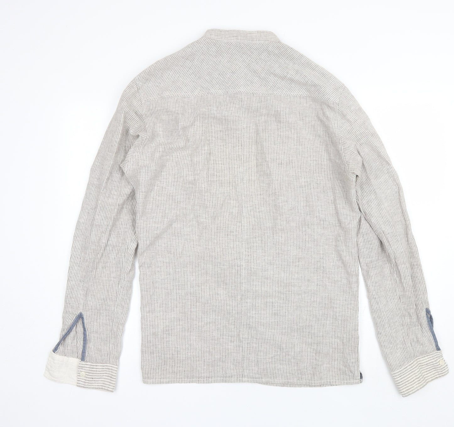 Zara Mens Grey Striped Linen  Button-Up Size M Round Neck