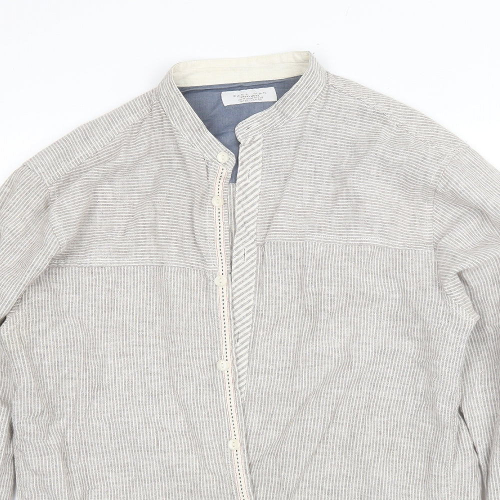 Zara Mens Grey Striped Linen  Button-Up Size M Round Neck