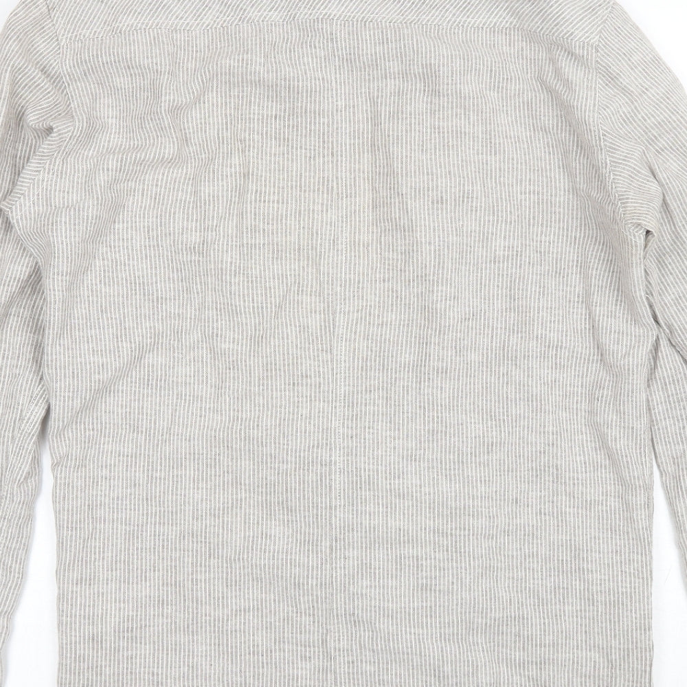 Zara Mens Grey Striped Linen  Button-Up Size M Round Neck