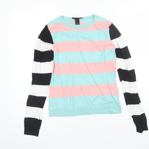 MONKL Womens Blue Round Neck Striped Cotton Pullover Jumper Size S
