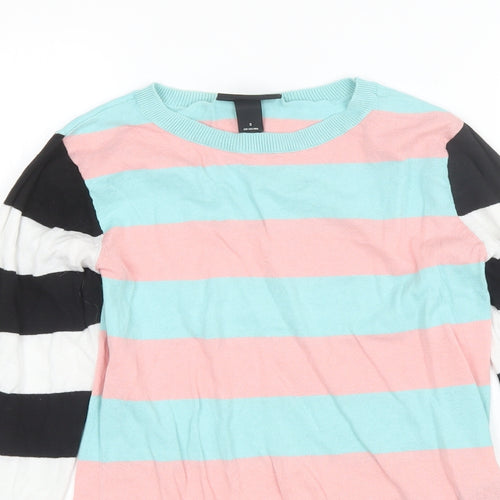 MONKL Womens Blue Round Neck Striped Cotton Pullover Jumper Size S