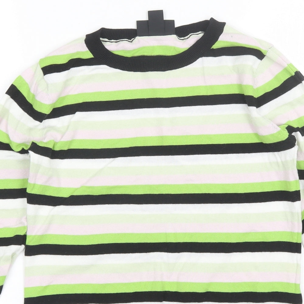 MONKL Womens Green Round Neck Striped Cotton Pullover Jumper Size S
