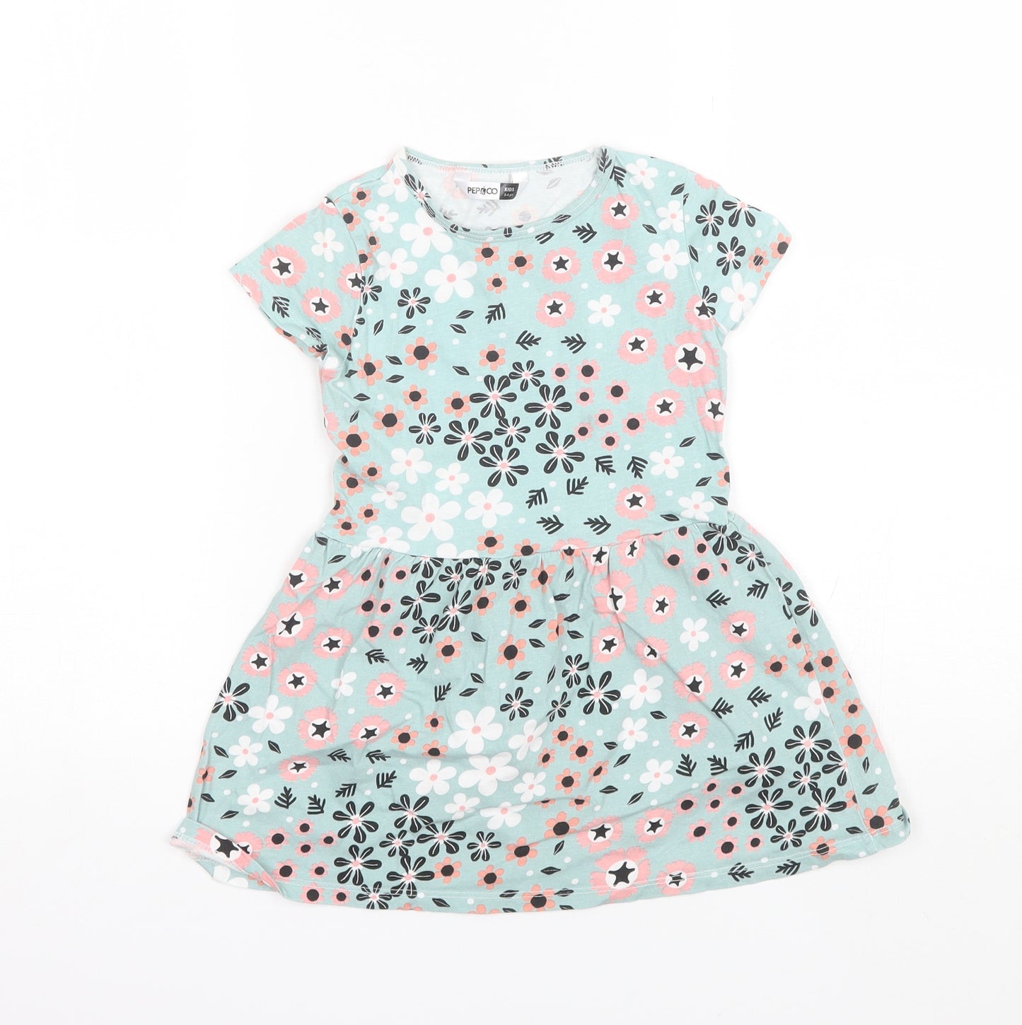 Pep & Co Girls Blue Floral Cotton Shift  Size 3-4 Years  Round Neck