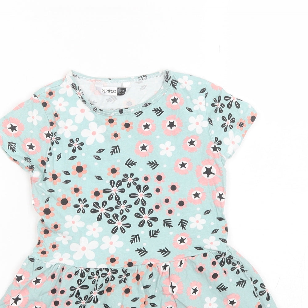 Pep & Co Girls Blue Floral Cotton Shift  Size 3-4 Years  Round Neck