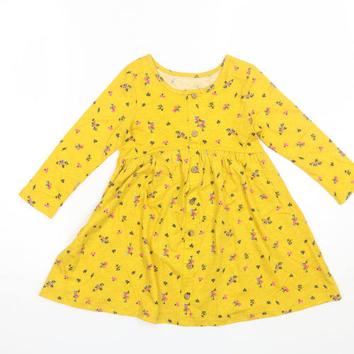 Matalan Girls Yellow Floral Cotton Shift  Size 2-3 Years  Round Neck