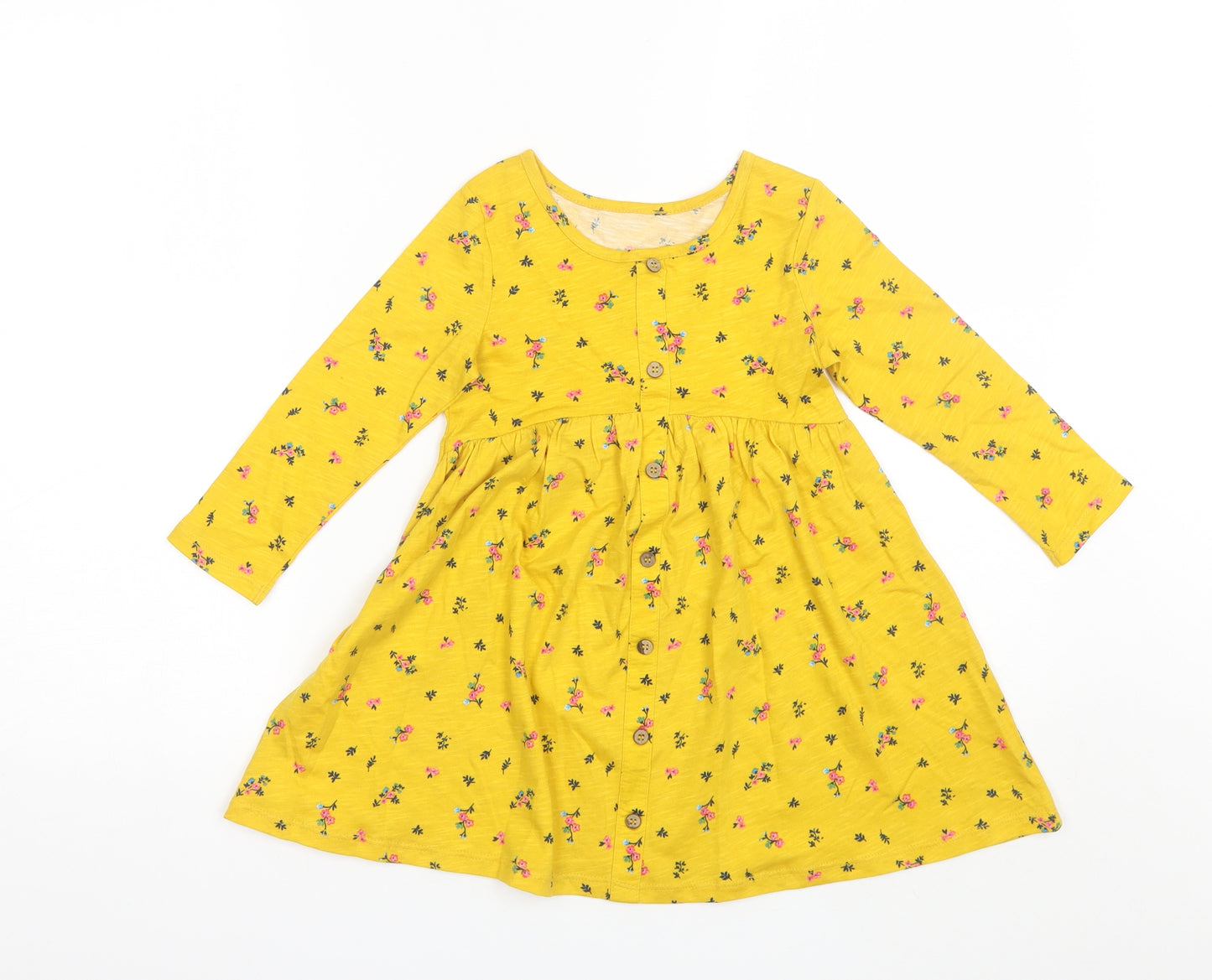 Matalan Girls Yellow Floral Cotton Shift  Size 2-3 Years  Round Neck