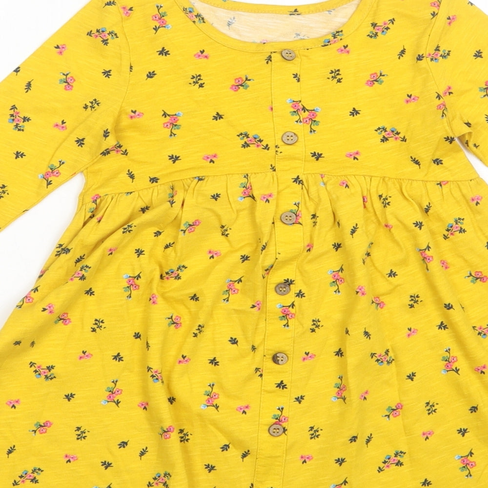 Matalan Girls Yellow Floral Cotton Shift  Size 2-3 Years  Round Neck