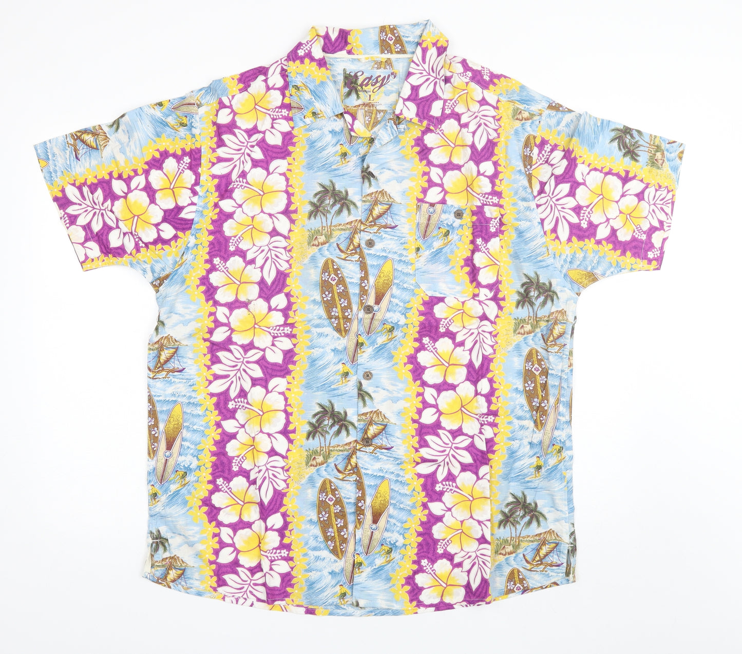 Easy Mens Blue Floral Cotton  Button-Up Size L Collared