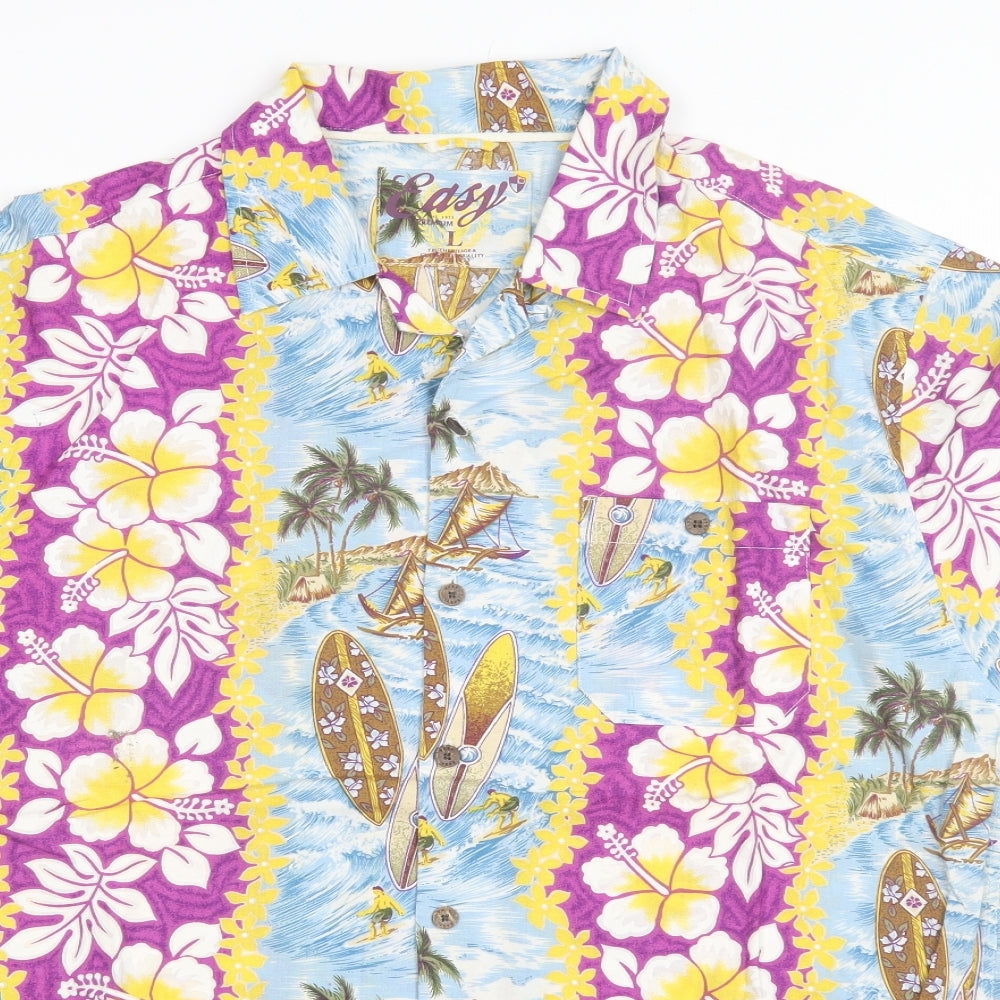 Easy Mens Blue Floral Cotton  Button-Up Size L Collared