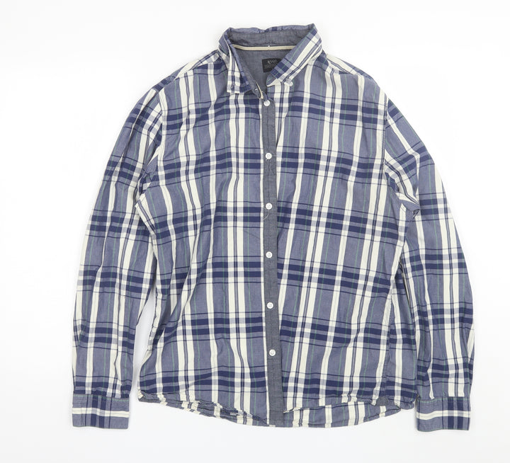 ACW85 Mens Blue Plaid Cotton Button-Up Size L Collared