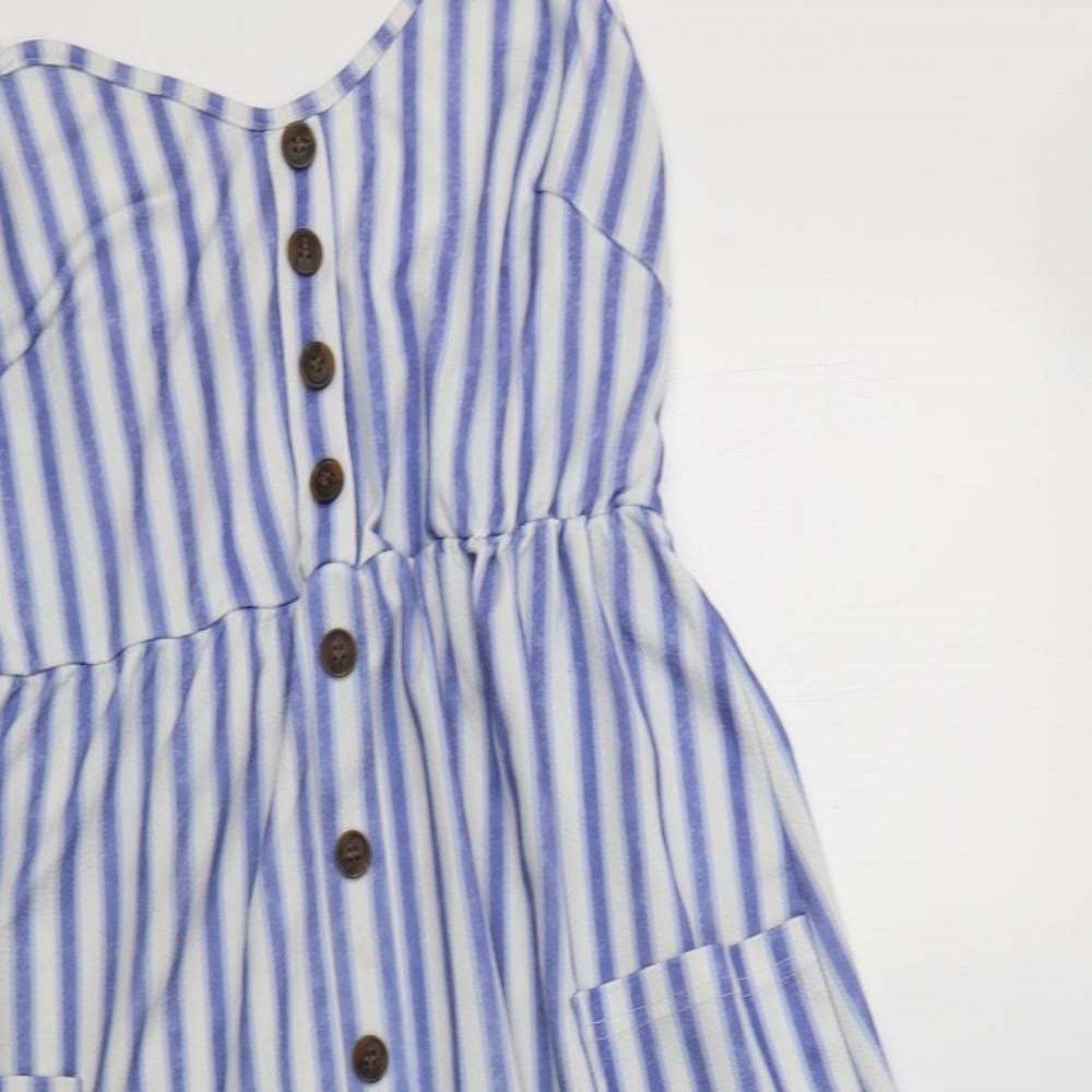 Preworn Womens Blue Striped Polyester Fit & Flare  Size L  V-Neck