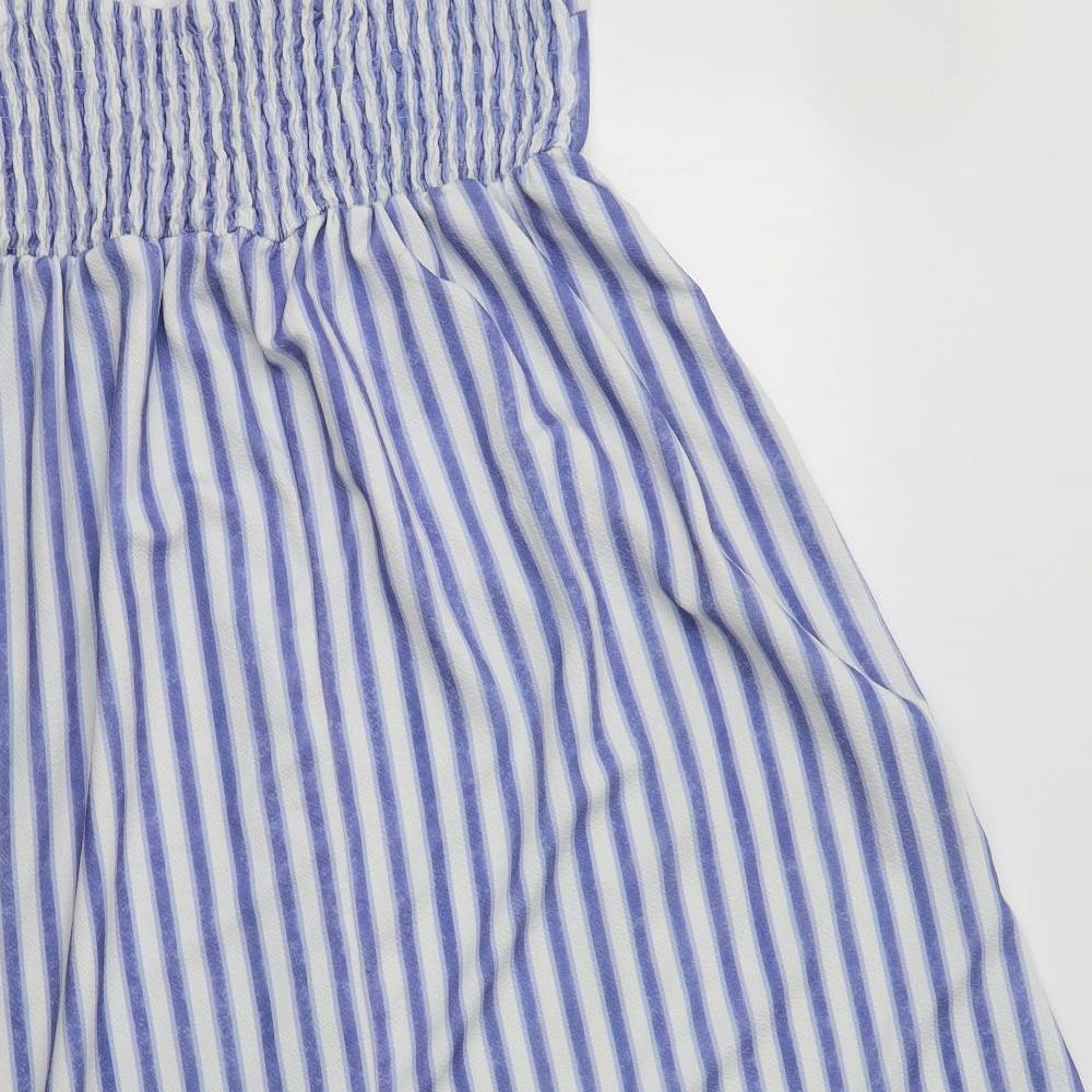 Preworn Womens Blue Striped Polyester Fit & Flare  Size L  V-Neck