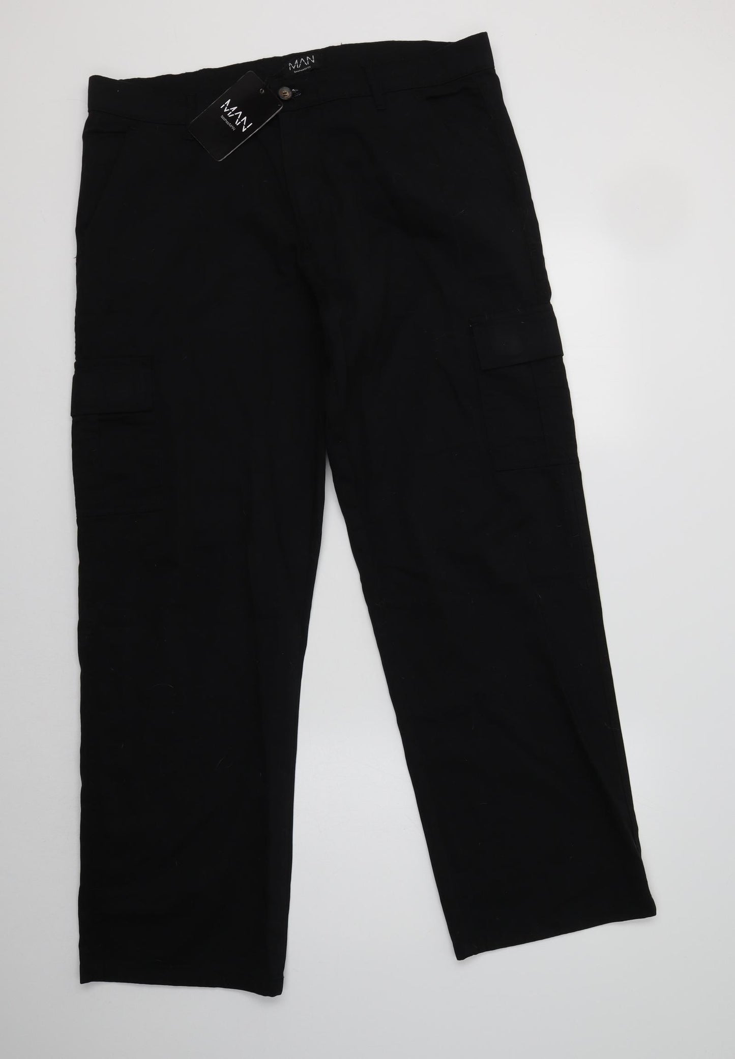 Boohoo Man Mens Black  Cotton Cargo Trousers Size 34 L33 in Regular