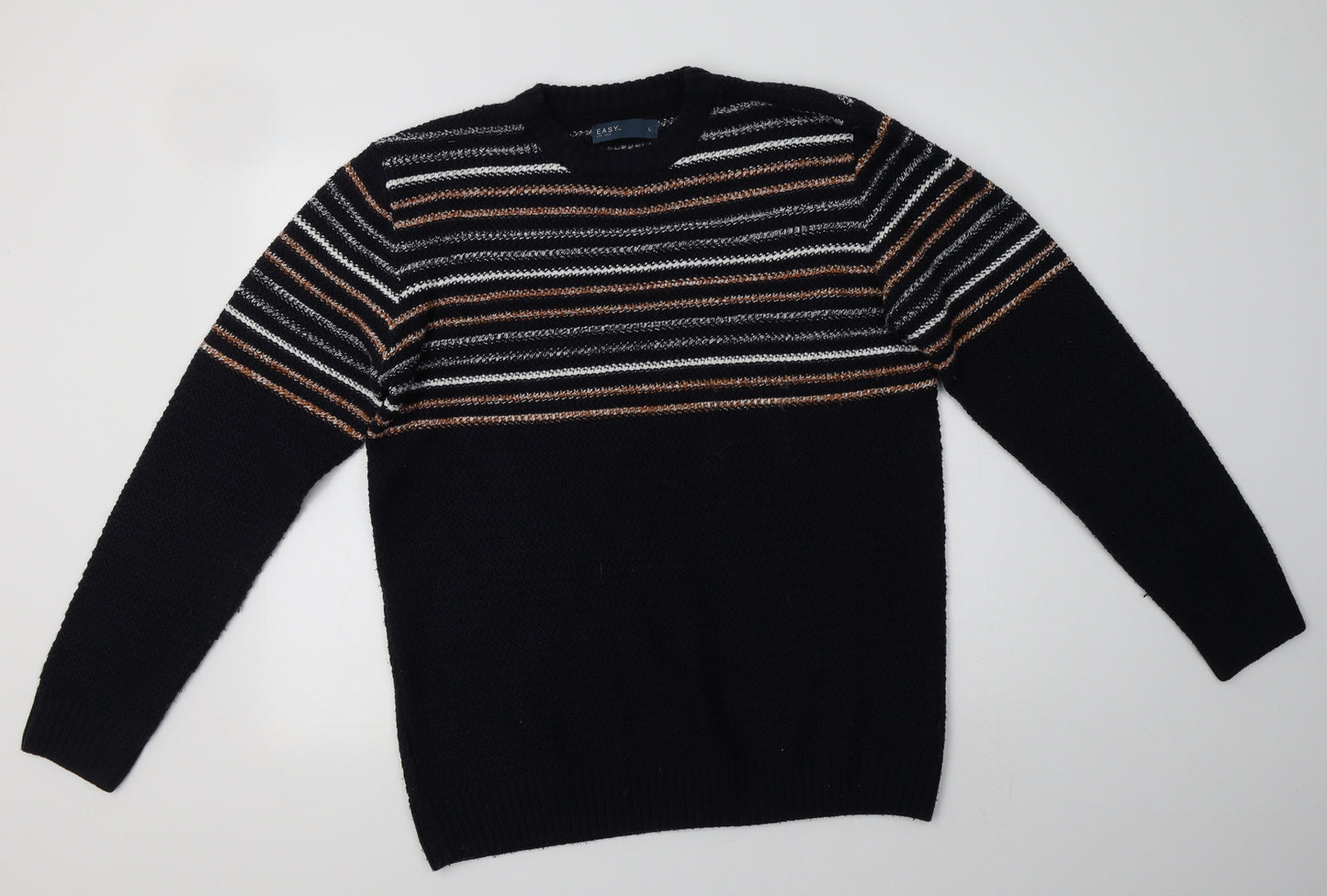 Matalan Mens Blue Crew Neck Striped Acrylic Pullover Jumper Size L