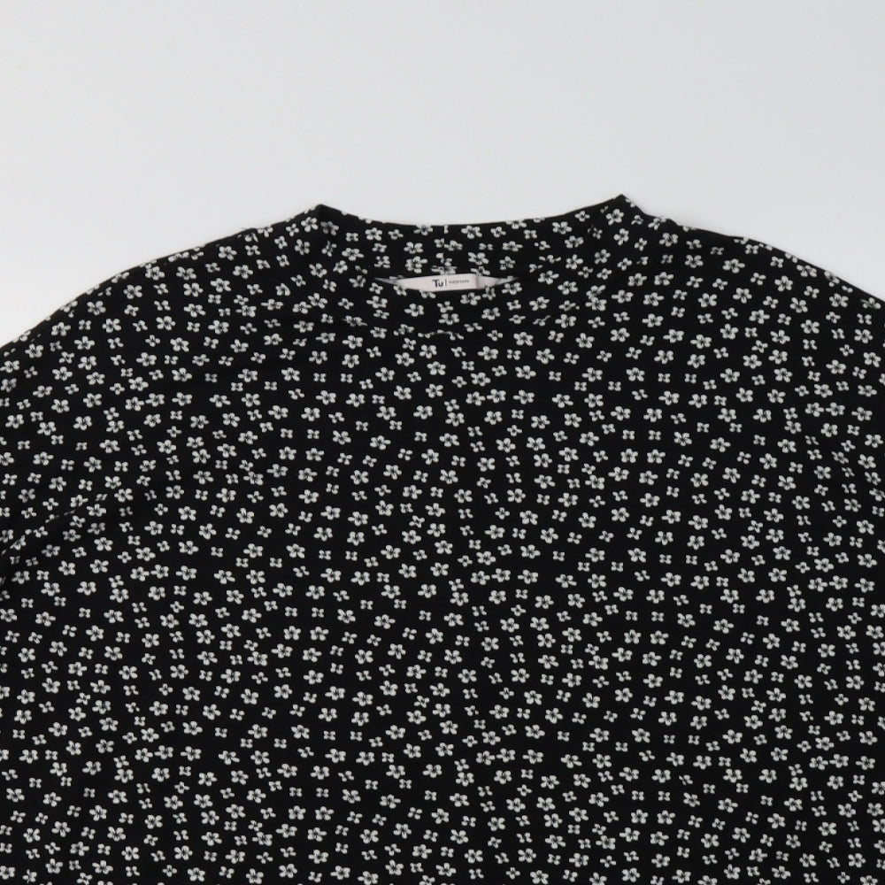 TU Womens Black Floral Viscose Tunic Blouse Size 16 Crew Neck