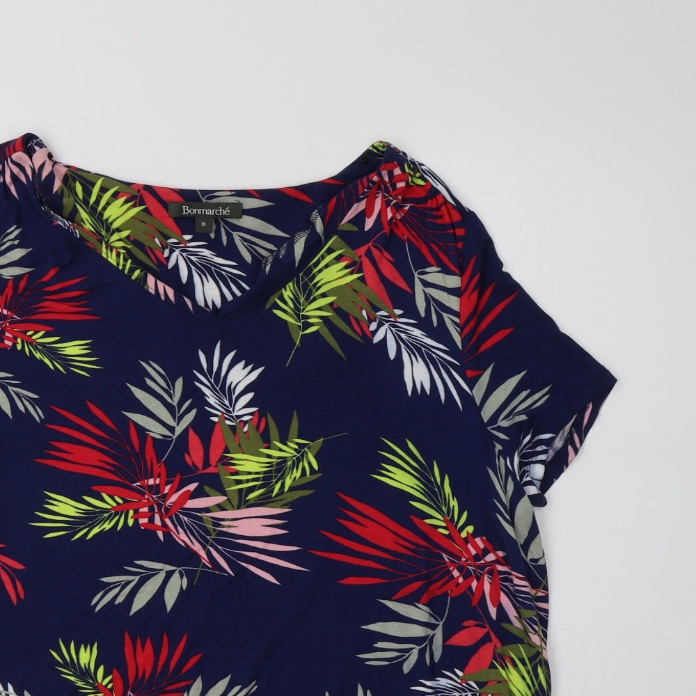 Bonmarché Womens Blue Floral Viscose Basic Blouse Size 16 Crew Neck