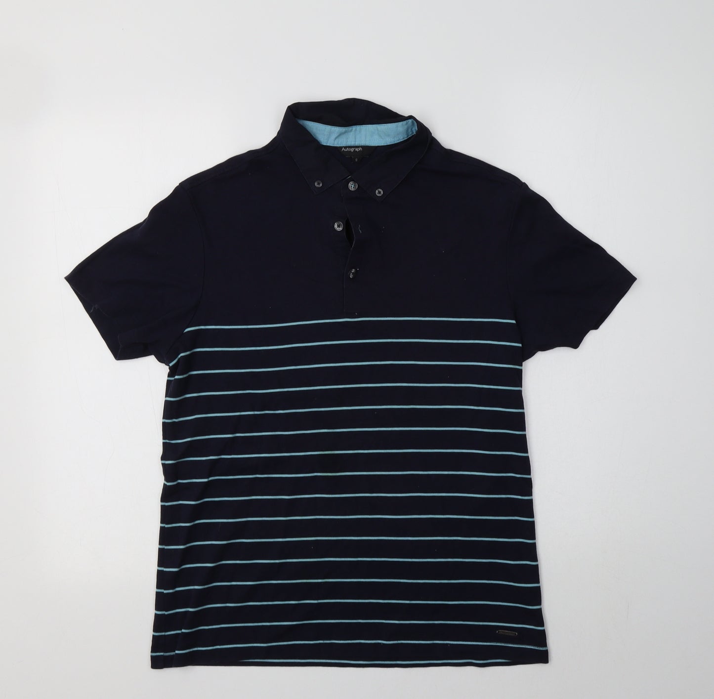 M&S Mens Blue Striped Cotton  Polo Size S Collared