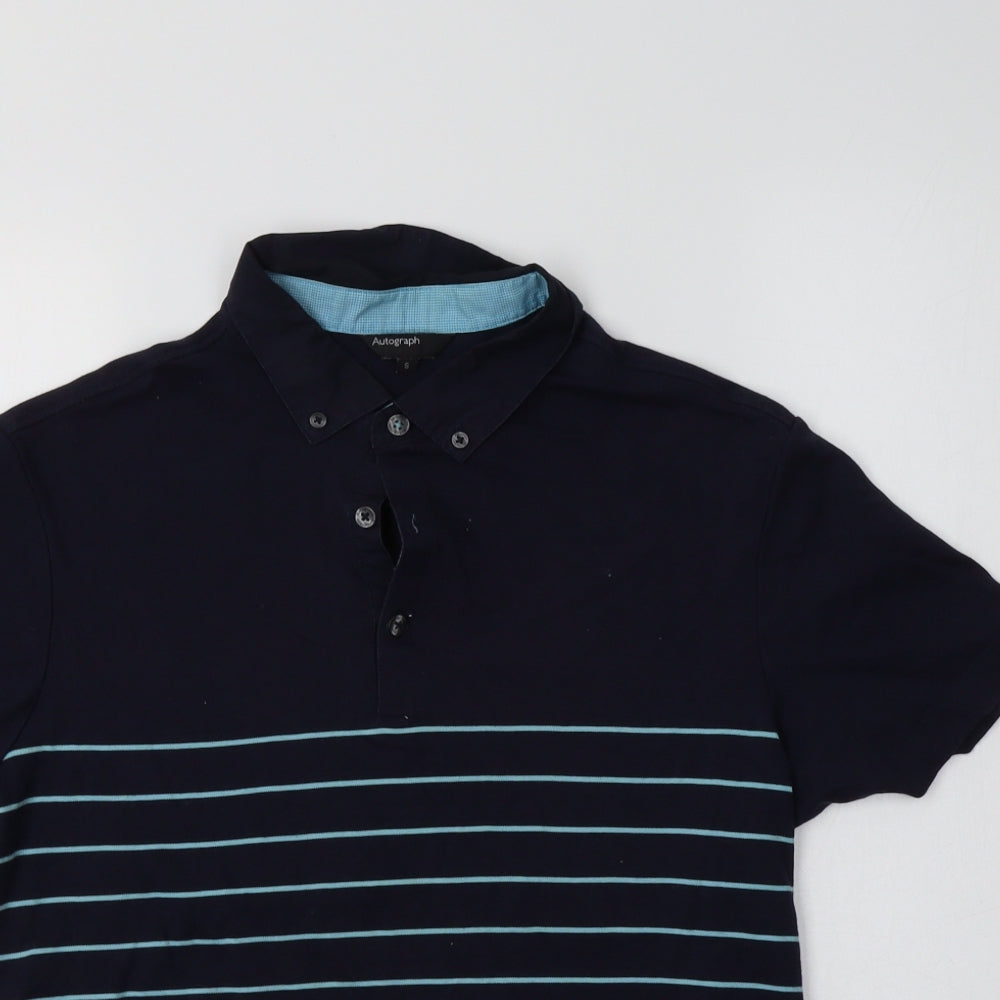 M&S Mens Blue Striped Cotton  Polo Size S Collared