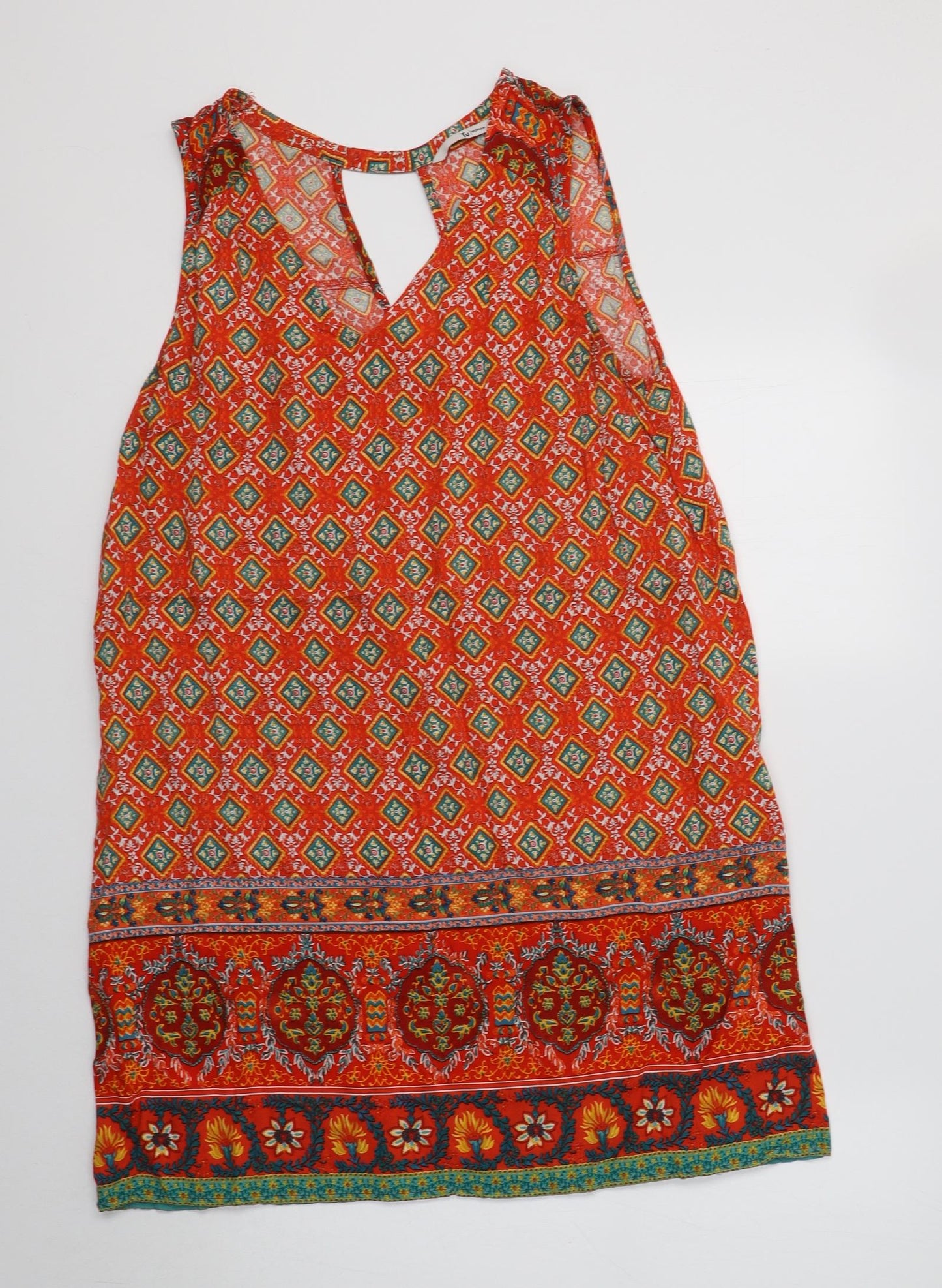 TU Womens Orange Geometric Viscose A-Line  Size 14  V-Neck