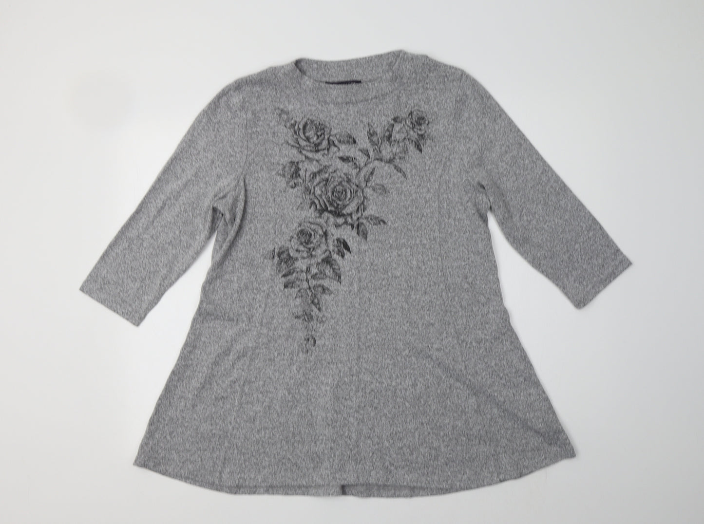 M&S Womens Grey Floral Polyester Tunic Blouse Size 16 Crew Neck