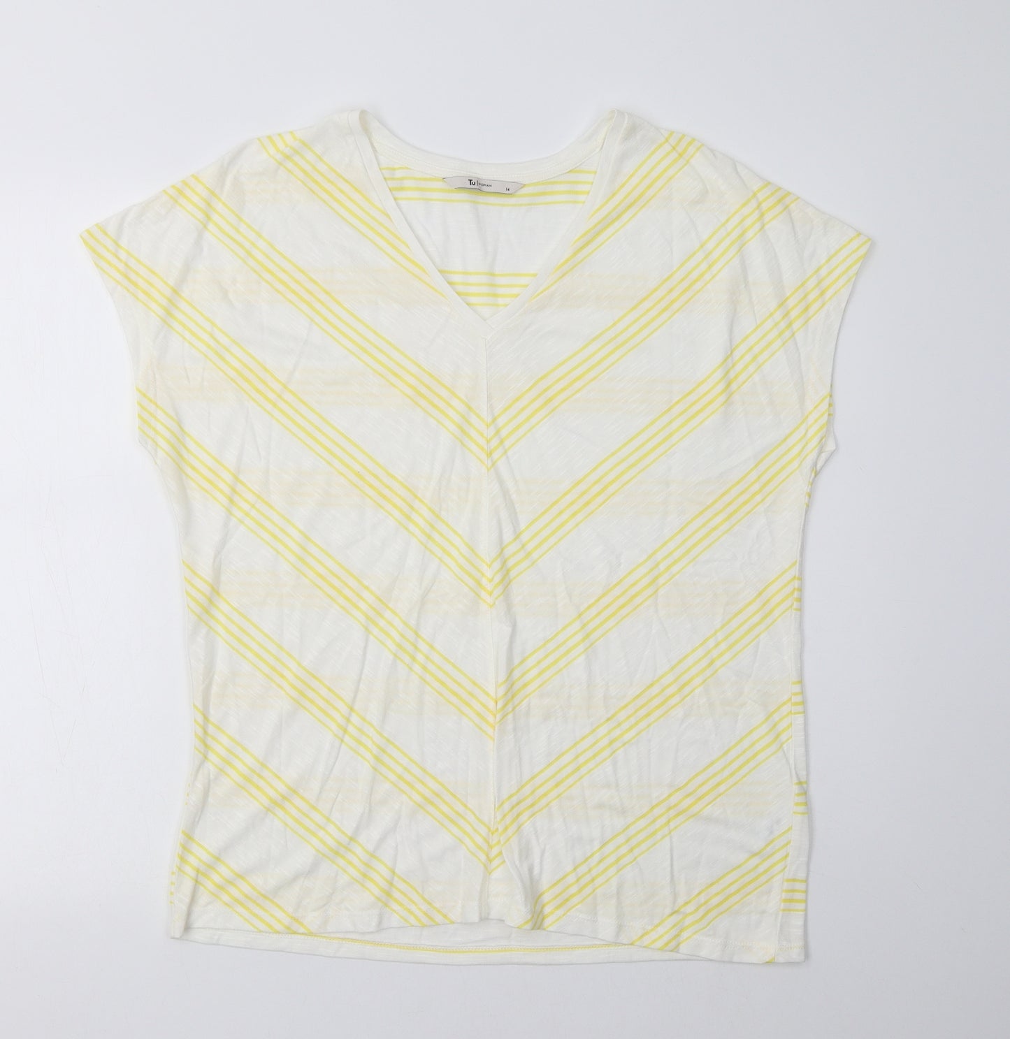 TU Womens White Striped Viscose Basic T-Shirt Size 14 V-Neck