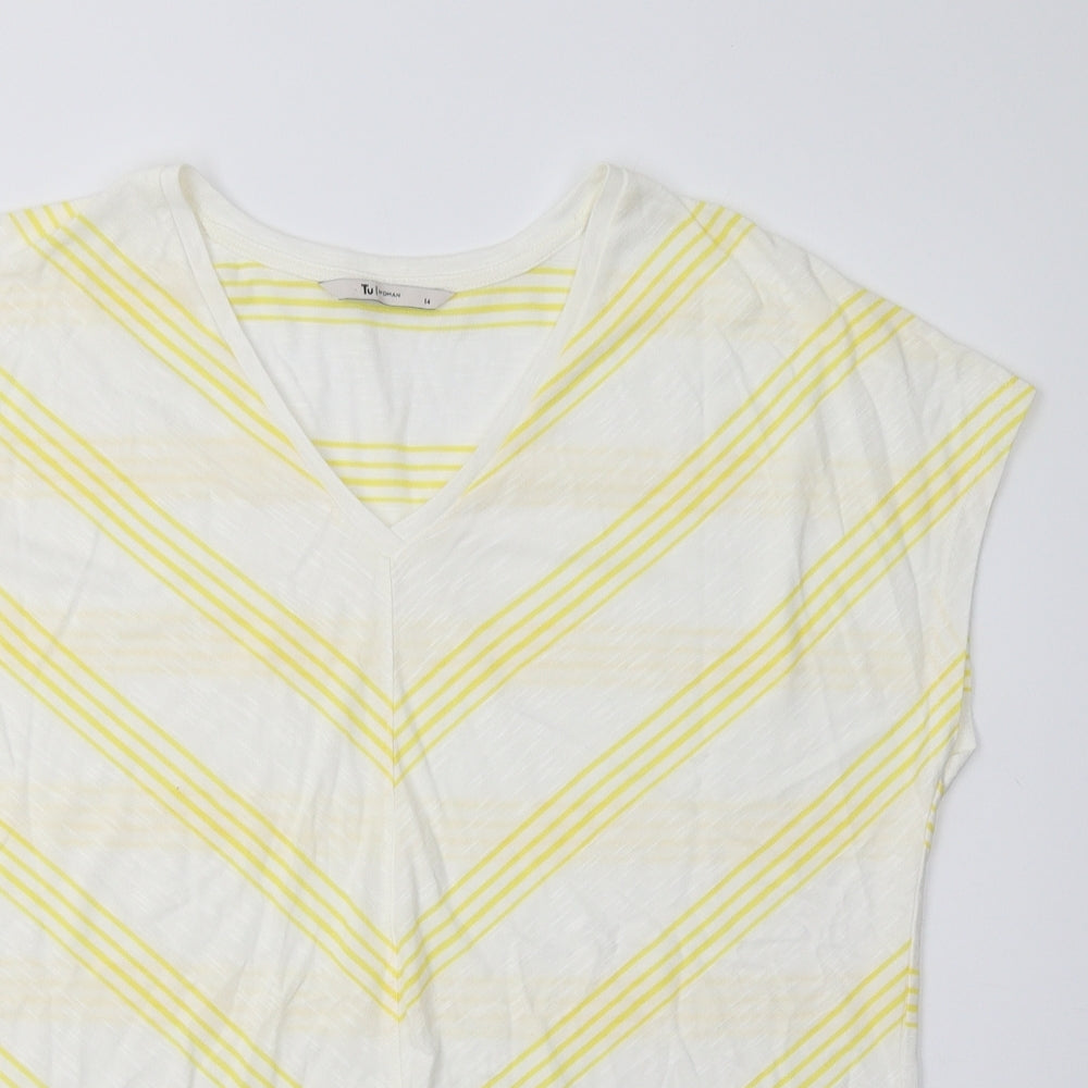 TU Womens White Striped Viscose Basic T-Shirt Size 14 V-Neck