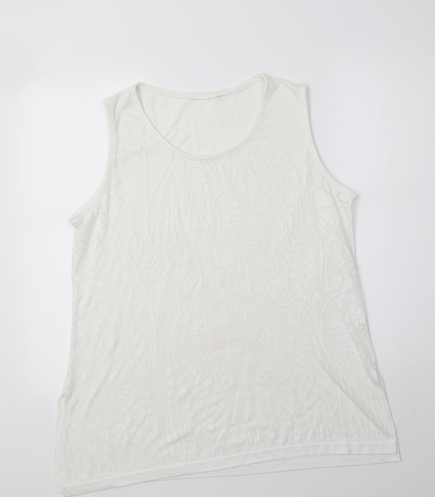 Preworn Womens White Floral Polyester Basic Tank Size L Scoop Neck