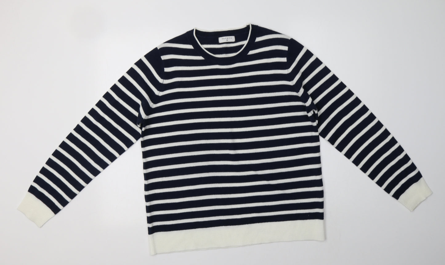 Papaya Womens Blue Crew Neck Striped Acrylic Pullover Jumper Size 16