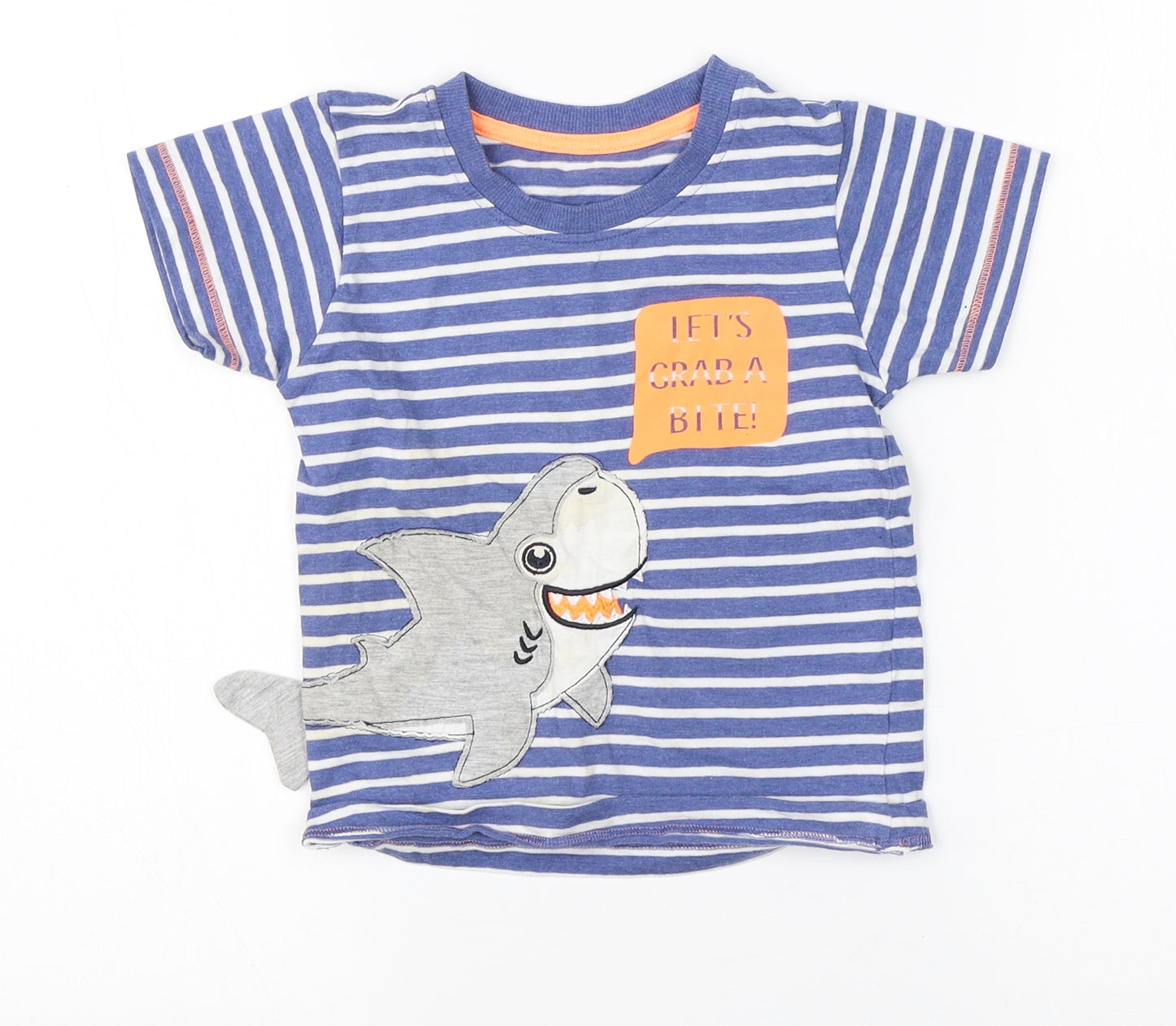 Preworn Boys Blue Striped Cotton Basic T-Shirt Size 18-24 Months Round Neck