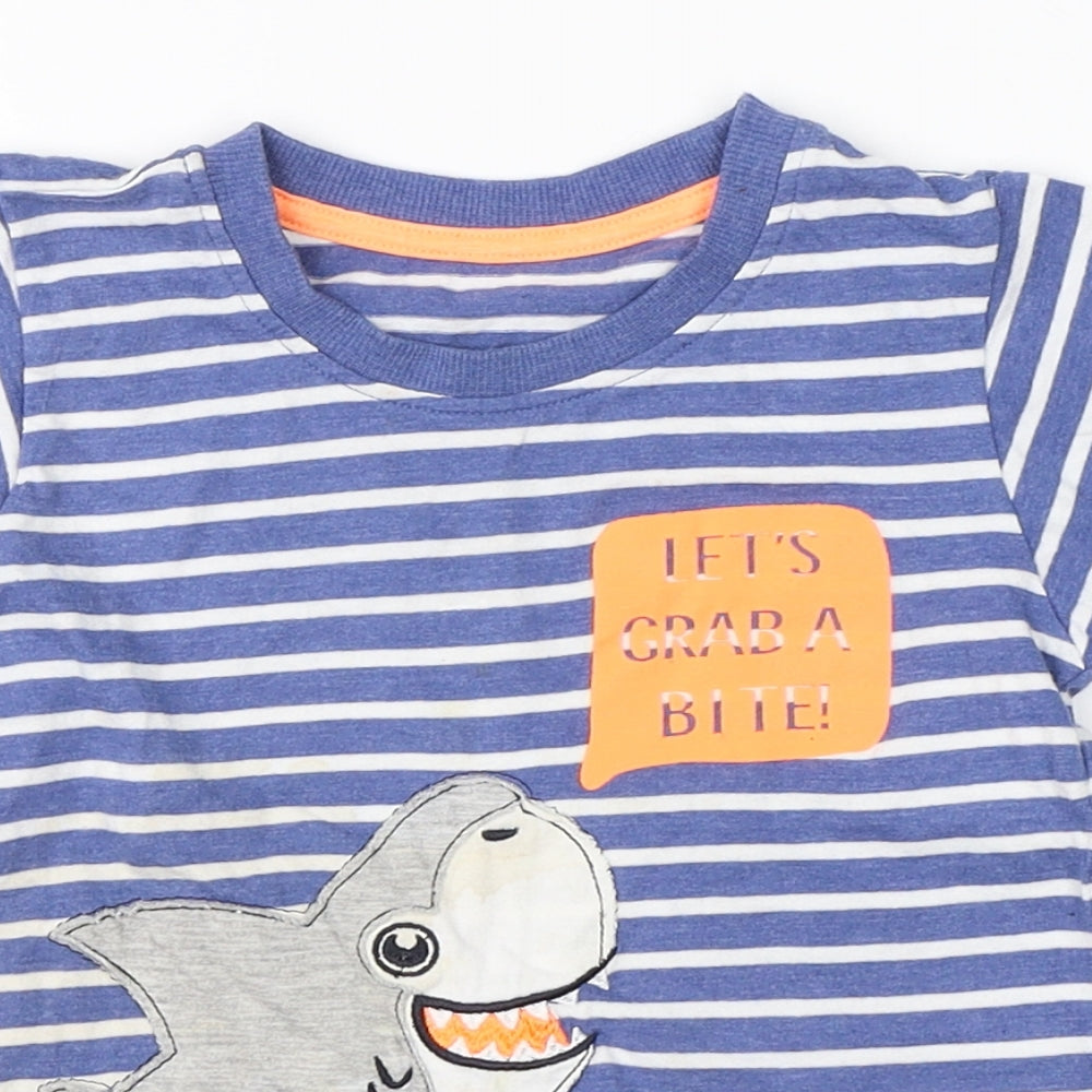 Preworn Boys Blue Striped Cotton Basic T-Shirt Size 18-24 Months Round Neck