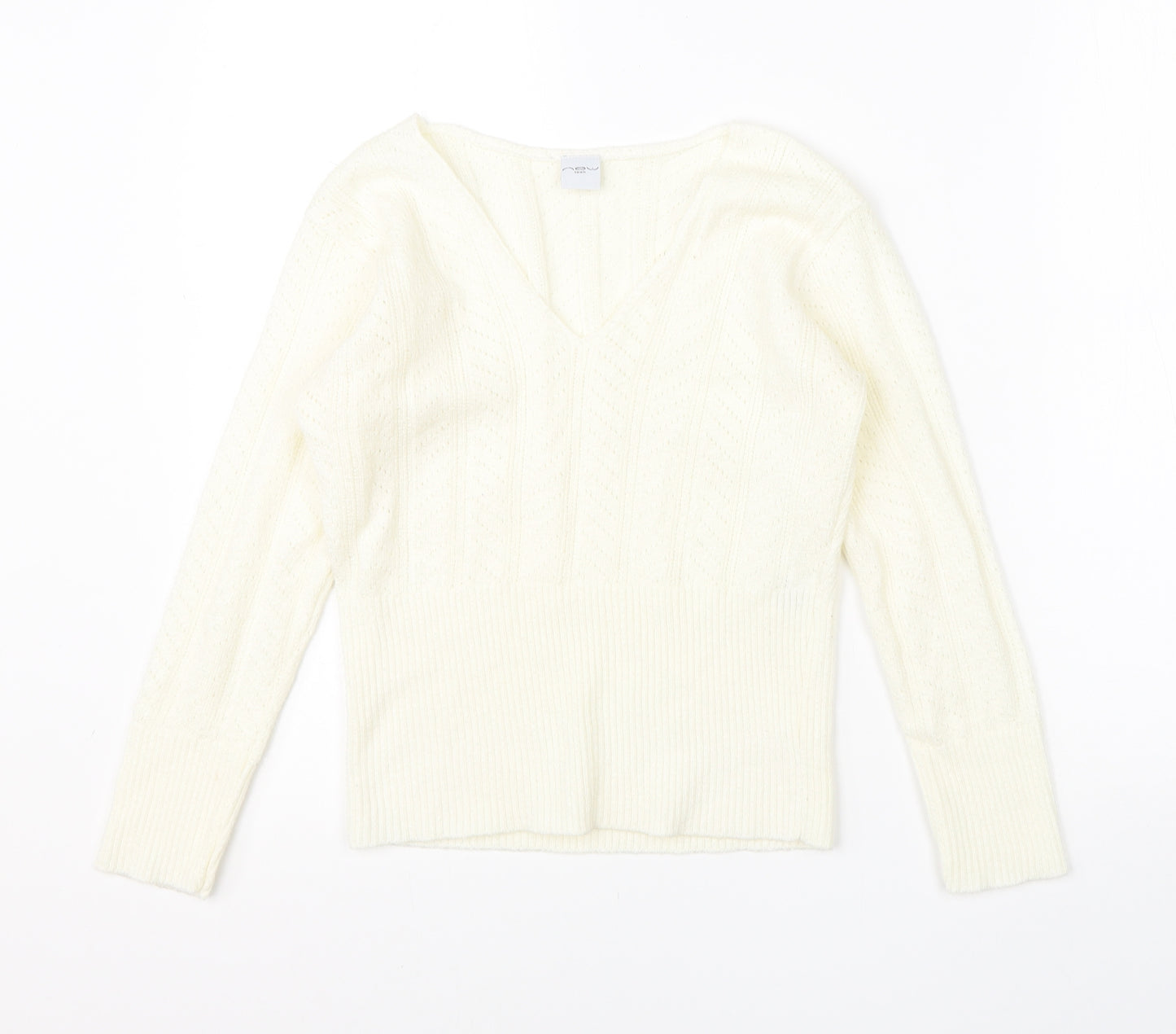 New Look Womens White Round Neck  Acrylic Pullover Jumper Size 12