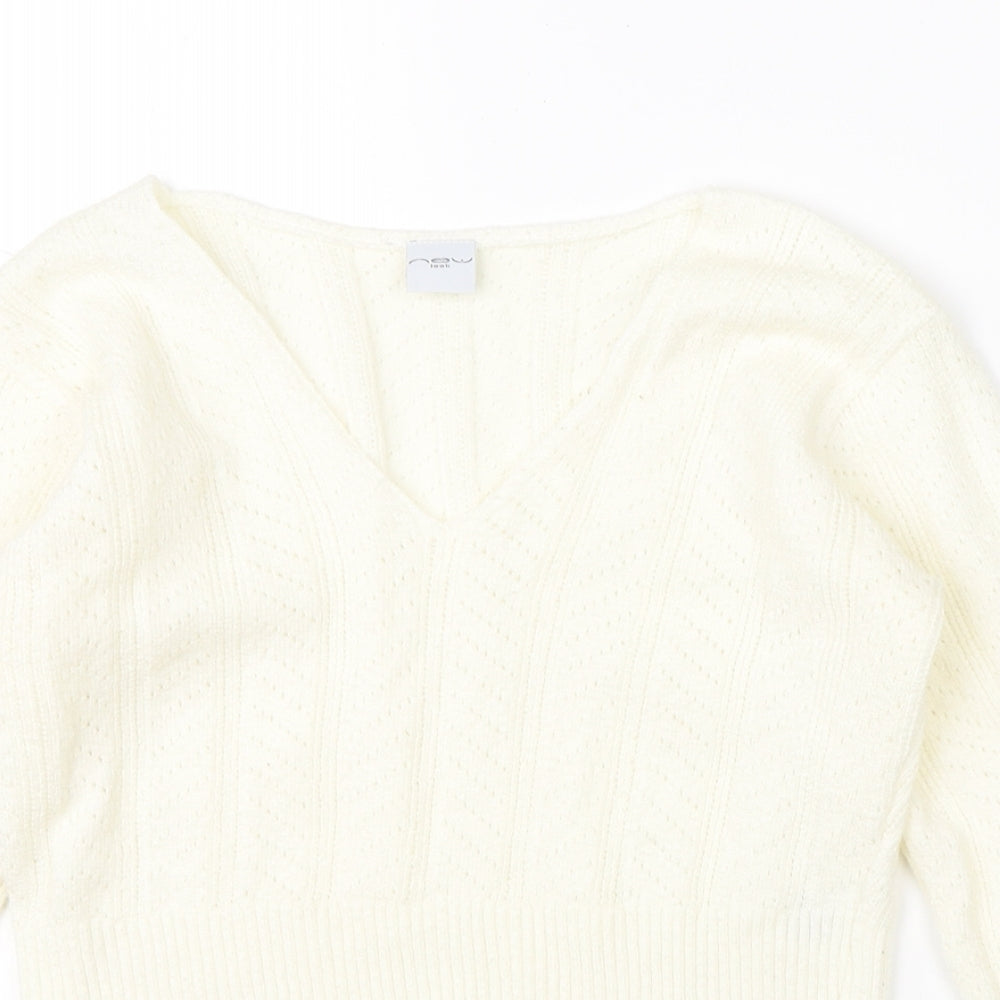 New Look Womens White Round Neck  Acrylic Pullover Jumper Size 12