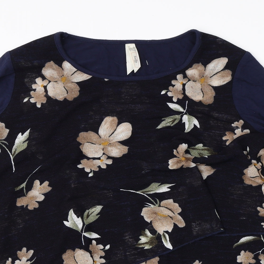 Stella Womens Blue Round Neck Floral Viscose Pullover Jumper Size 10