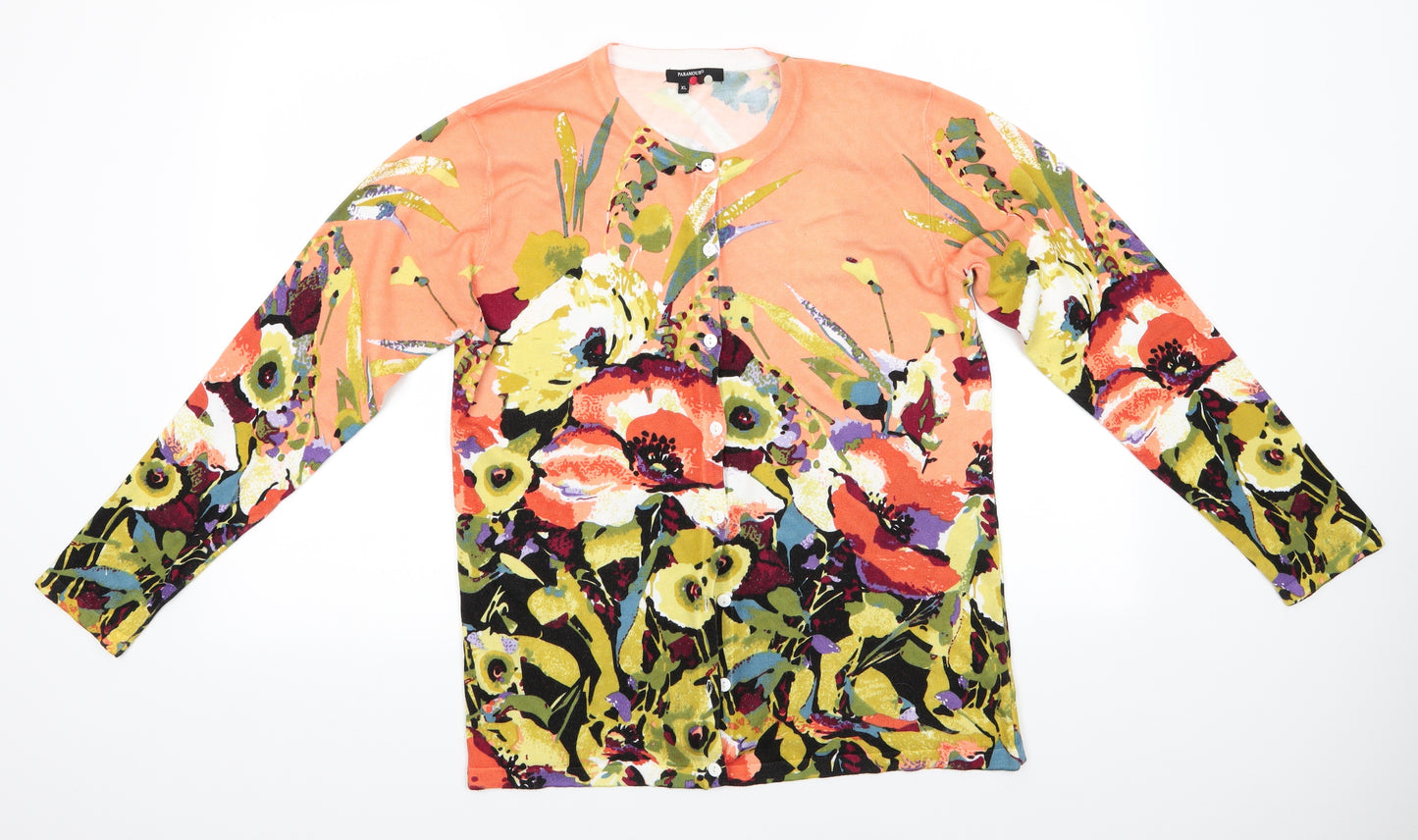 Paramour Womens Orange Round Neck Floral Viscose Cardigan Jumper Size XL   - Pale Orange