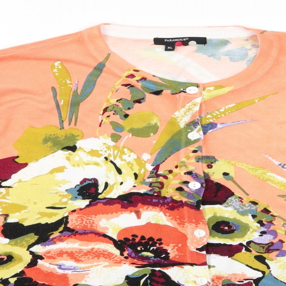 Paramour Womens Orange Round Neck Floral Viscose Cardigan Jumper Size XL   - Pale Orange