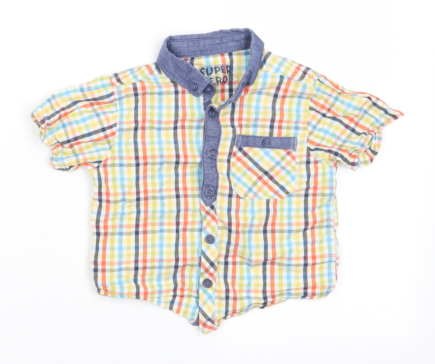 Matalan Boys Multicoloured Check Cotton Basic Button-Up Size 18-24 Months Collared  - Blue Orange White Green Check with Blue collar