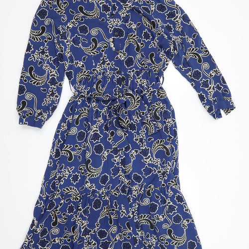 Zara Womens Blue Floral  Fit & Flare  Size 14  Collared  - Deep frilled hem