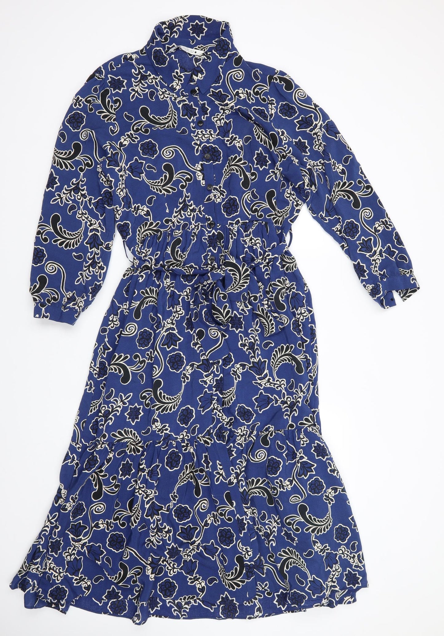 Zara Womens Blue Floral  Fit & Flare  Size 14  Collared  - Deep frilled hem