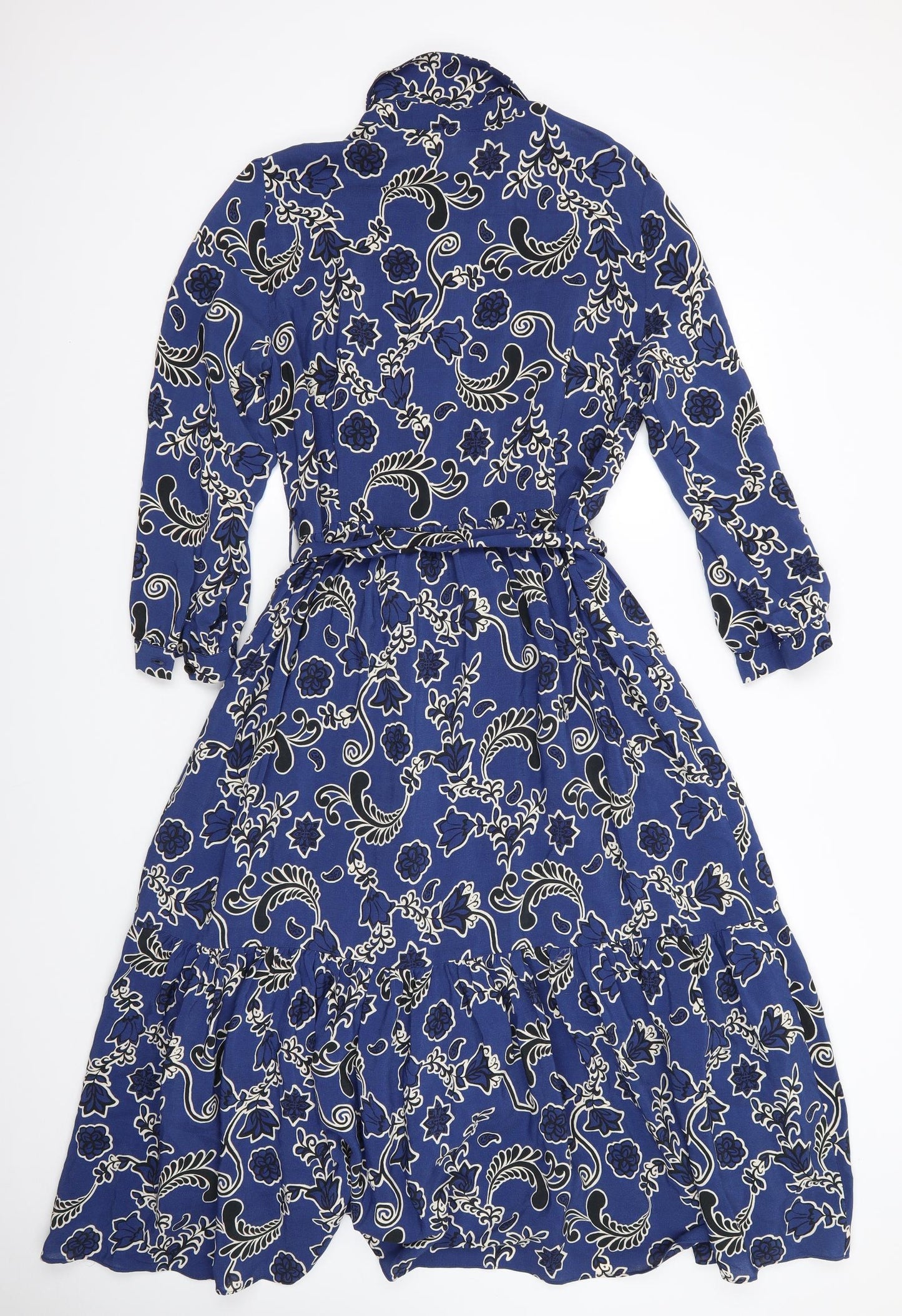 Zara Womens Blue Floral  Fit & Flare  Size 14  Collared  - Deep frilled hem