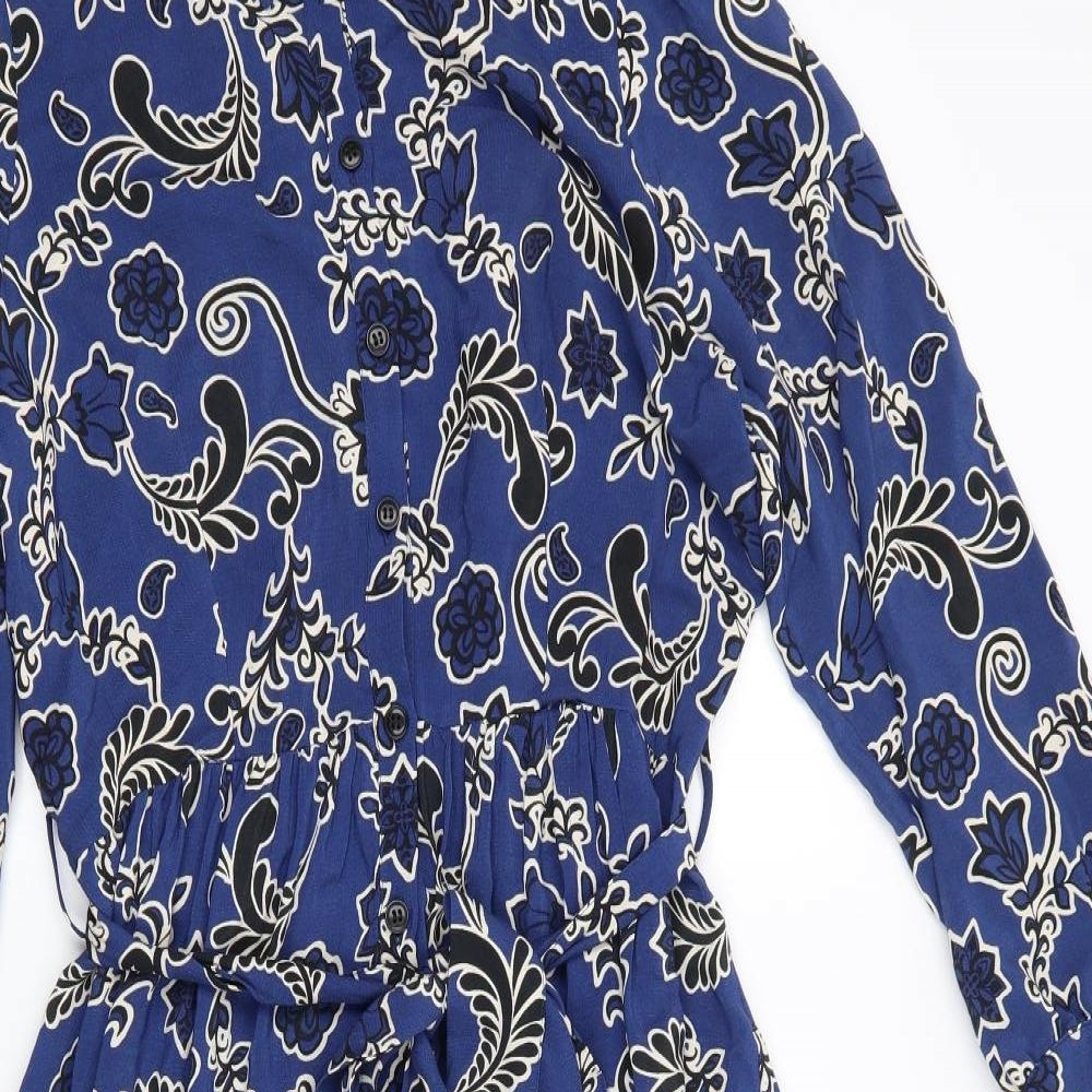 Zara Womens Blue Floral  Fit & Flare  Size 14  Collared  - Deep frilled hem