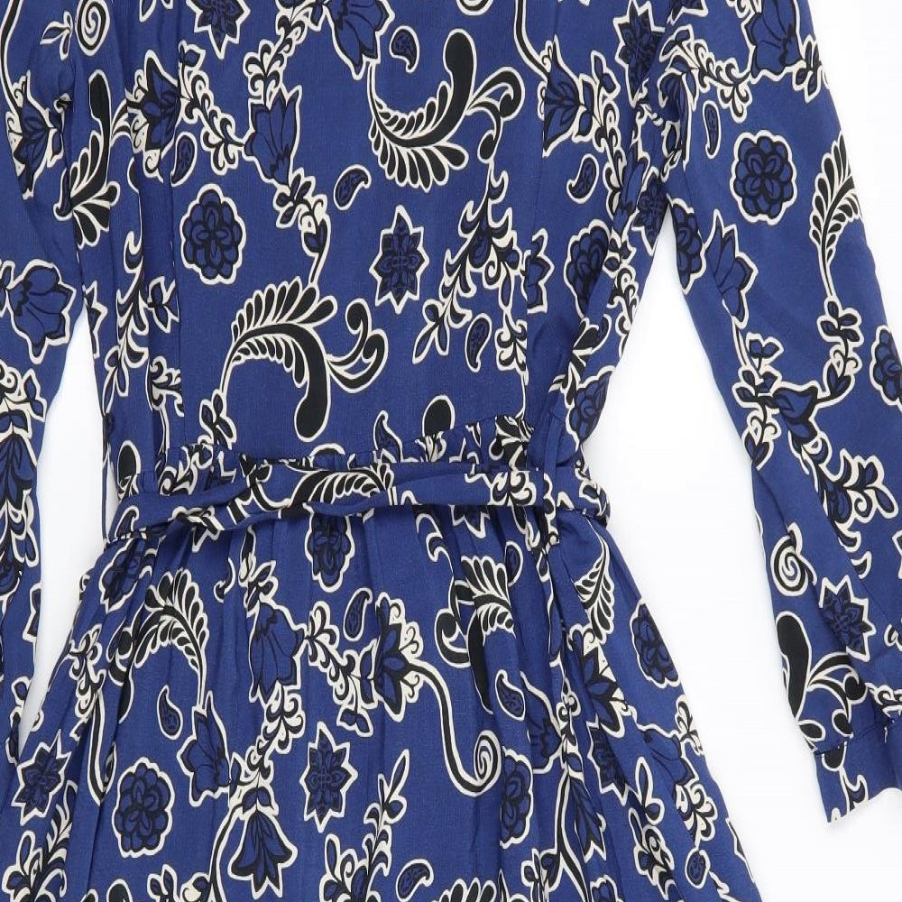 Zara Womens Blue Floral  Fit & Flare  Size 14  Collared  - Deep frilled hem