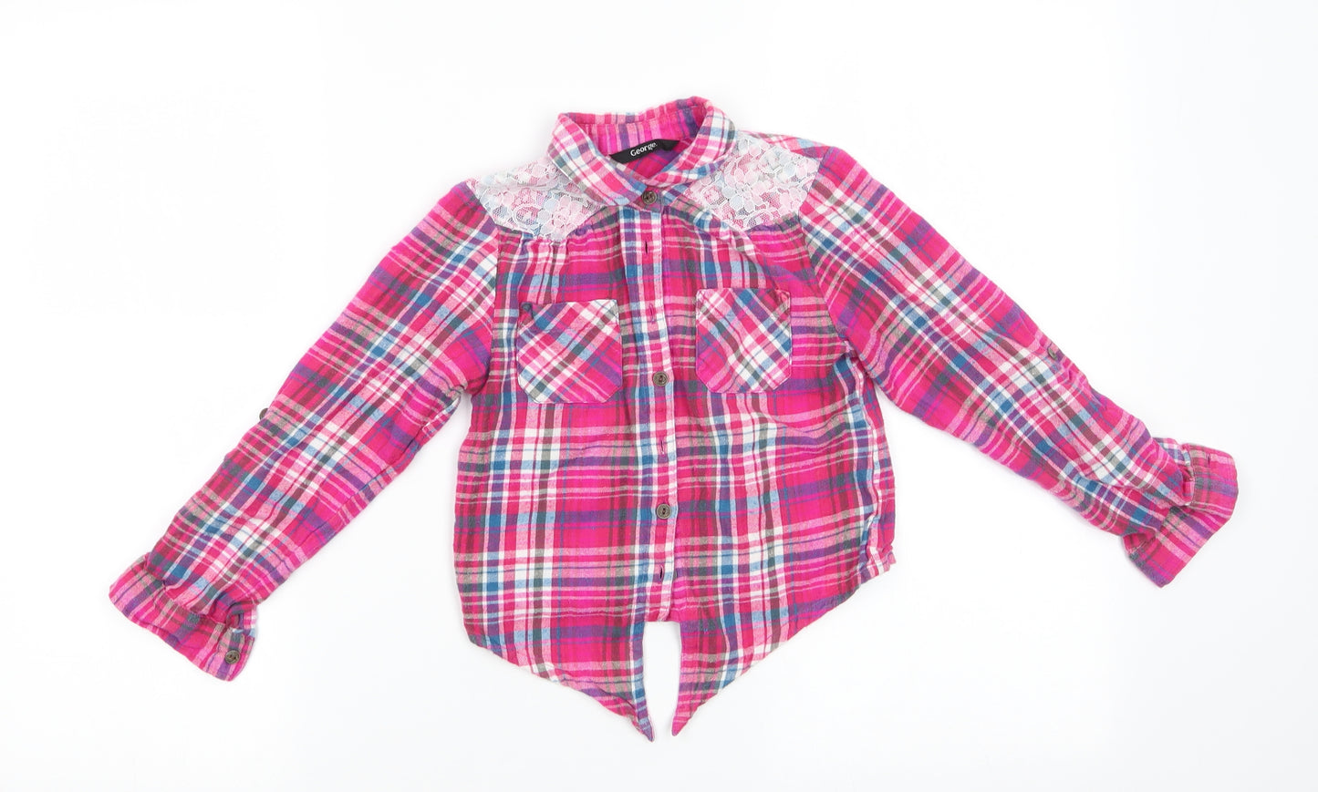 George Girls Pink Check Cotton Basic Button-Up Size 6-7 Years Collared  - Lace & Tie Front detail Adjustable length sleeves
