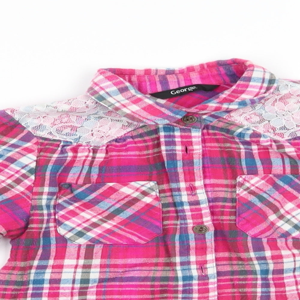 George Girls Pink Check Cotton Basic Button-Up Size 6-7 Years Collared  - Lace & Tie Front detail Adjustable length sleeves