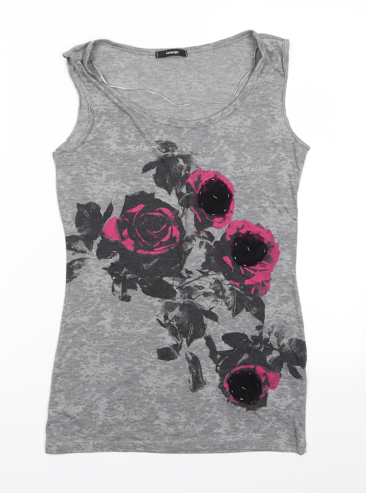 George Womens Grey Floral Polyester Basic Tank Size 8 Round Neck - Roses